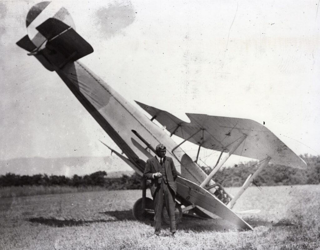 Lieut. Long and his biplane after mishap at Cressy, November 1919