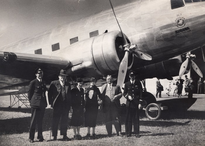 ANA DC-3 Kurana at Western Junction, with Tasmanian Pilot A.J. Brown (left)